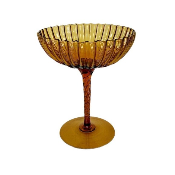 Vintage MCM Empoli Hand Blown Amber Glass Spiral Stem Ribbed Pedestal Candy Dish - Picture 1 of 7